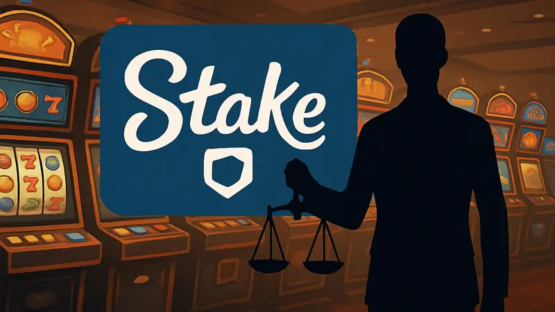 Логотип Stake.us на фоне игровых автоматов, символизирующий судебный иск против онлайн-казино