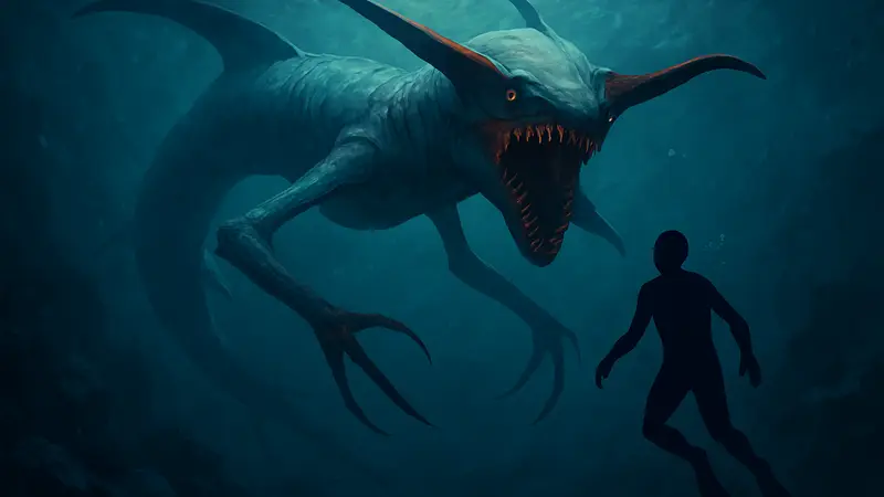 Гигантский Жнец Левиафан из Subnautica плывет в глубинах океана, преследуя игрока