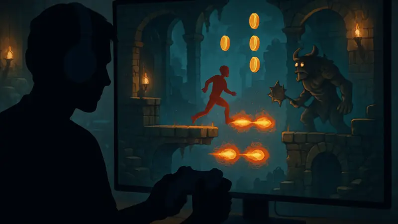 Игрок, проходящий сложный фан-челлендж в видеоигре, с элементами геймплея.