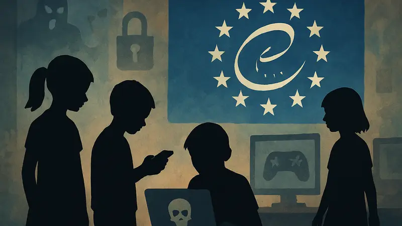 Логотип Совета Европы на фоне схематичного изображения детей и онлайн-опасностей