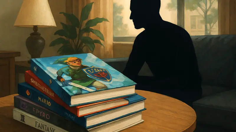 Стопка артбуков по видеоиграм от Nintendo и Square Enix на журнальном столике.