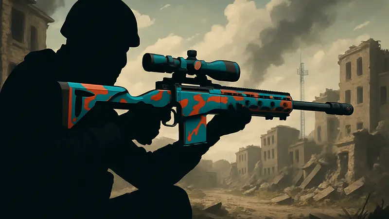 Игровой снайпер в Sniper Arena с новым крутым скином на винтовке, готовый к бою.