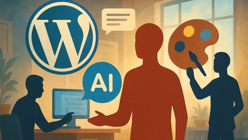 Логотип WordPress с символом AI-ассистента, новые функции для создания контента.