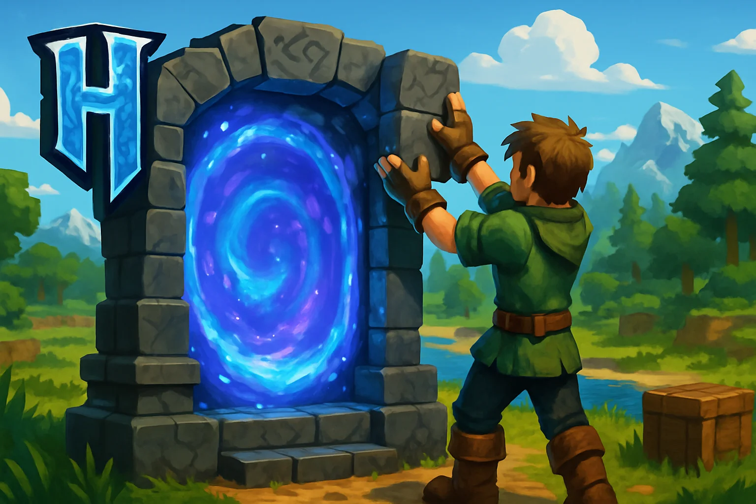 Игрок строит портал-телепорт в мире Hytale, вокруг видны ландшафты Орбиса. Ключевые слова: Hytale, телепорт, крафт.