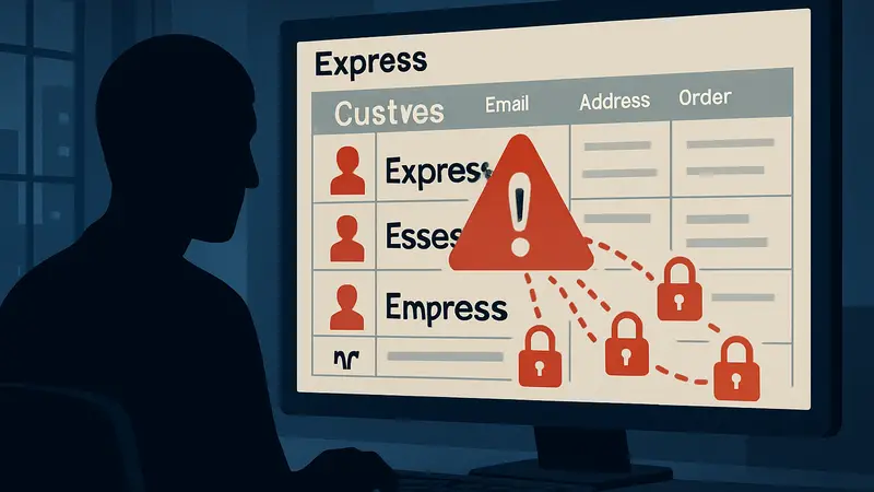 Экран компьютера с данными клиентов Express, демонстрирующий утечку информации и угрозу.
