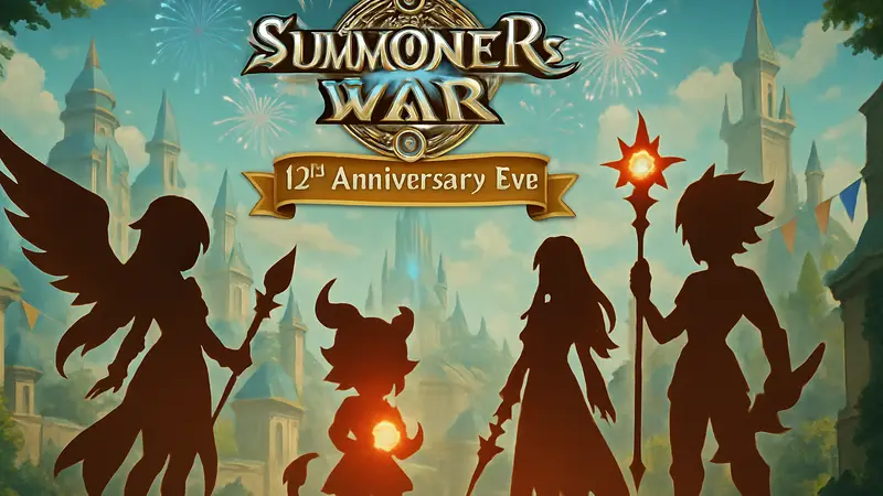Логотип Summoners War: Sky Arena с праздничной надписью «12th Anniversary Eve» и персонажами.