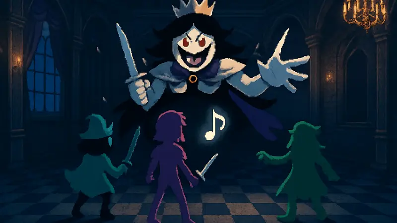 Скриншот из Deltarune с музыкальным оформлением битвы босса и персонажами
