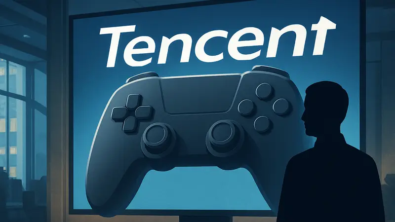 Логотип Tencent на фоне игрового контроллера, символизирующего инвестиции в игры.