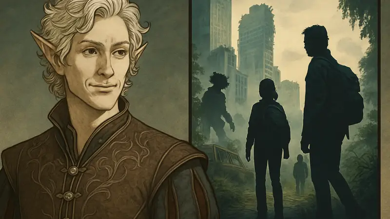 Нил Ньюбон в образе Астариона из Baldur's Gate 3 и кадры из сериала The Last of Us от HBO.
