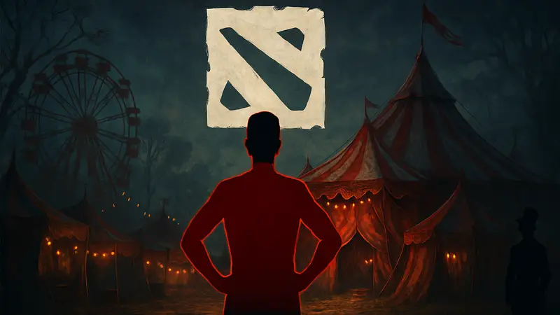 Логотип Dota 2 с намеком на Dark Carnival, изображение, посвященное шутке Valve над датамайнерами.