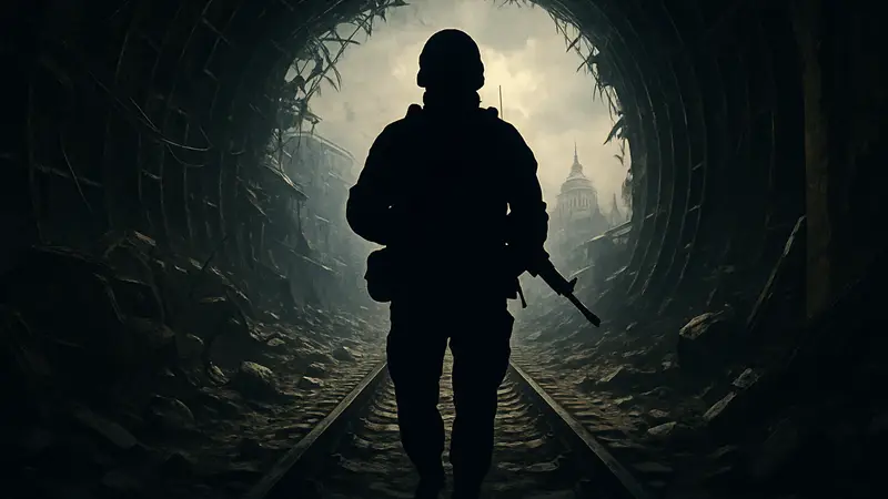 Обложка игры Metro 2039 с главным героем, освещённым тусклым светом.