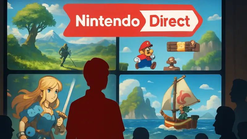 Логотип Nintendo Direct на фоне нескольких ярких скриншотов из игр, анонсированных на летней презентации 2026 года