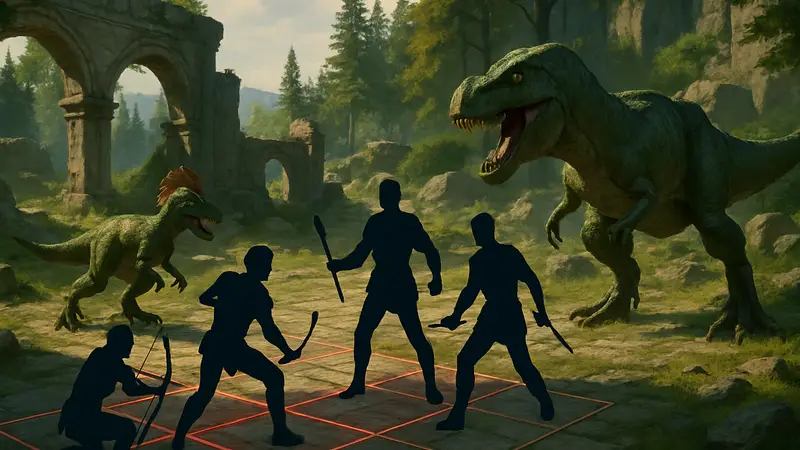 Скриншот из игры Scourge of the Reptiles с тактическим боем и динозаврами.