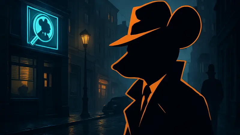 Кадр из трейлера MOUSE: P.I. For Hire, показывающий детектива-мышь Джека Пеппера в нуарной стилистике.