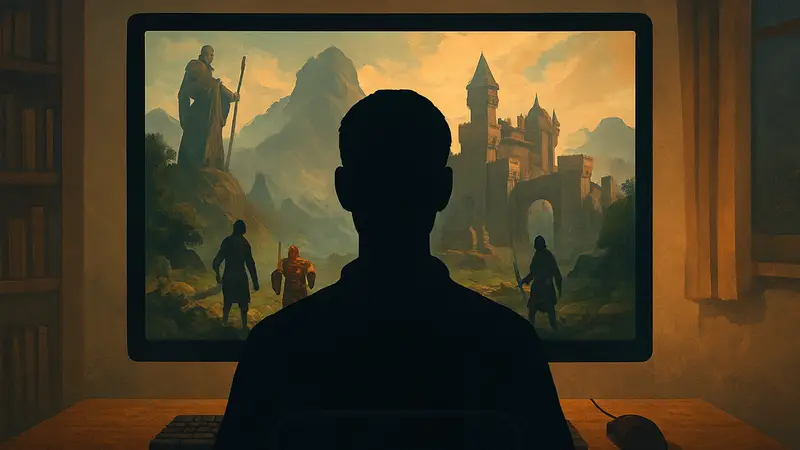 Игрок смотрит на экран компьютера с изображением фэнтезийной MMO-игры, вызывающей ностальгию.
