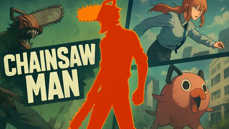 Главный герой Chainsaw Man в стилистике мобильной игры, на фоне логотипа проекта и фрагментов трейлера.