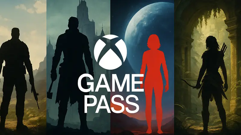 Логотип Xbox Game Pass и силуэты четырех новых игр, включая Aphelion