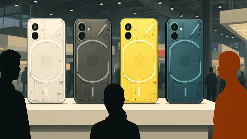 Смартфоны Nothing Phone (4a) на стенде MWC с разными вариантами расцветки.