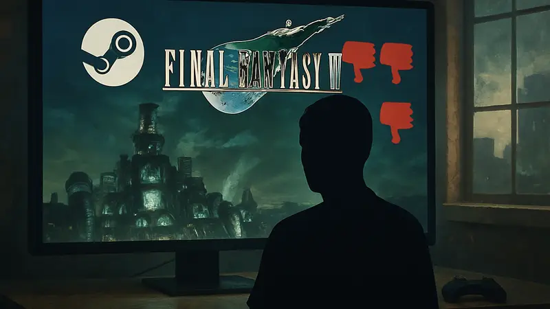Экран игры Final Fantasy 7 с логотипом Steam и негативными отзывами пользователей.