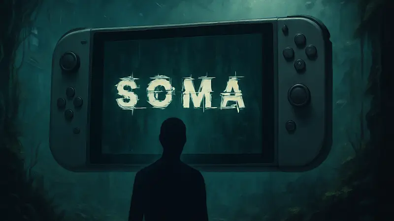 Логотип SOMA на фоне консоли Nintendo Switch 2, символизирующий потенциальный релиз.