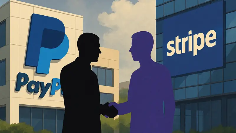 Логотип PayPal и Stripe, символизирующий слухи о слиянии компаний.