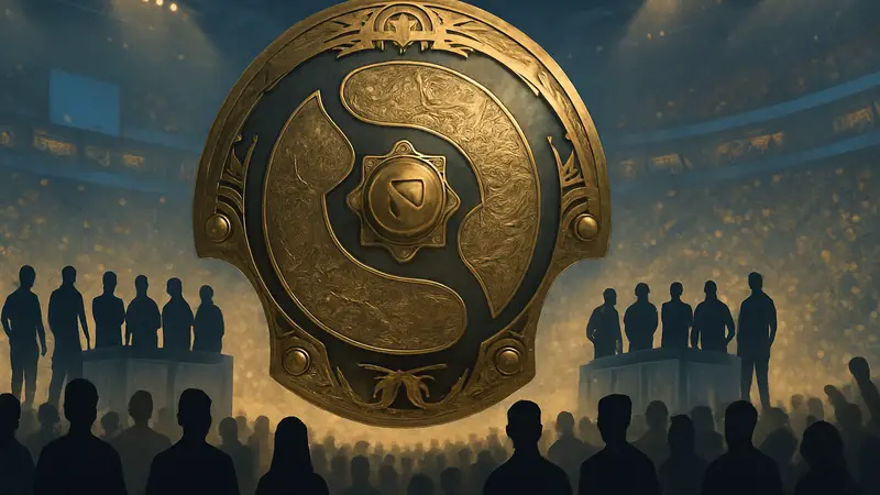 Логотип турнира The International по Dota 2, на фоне киберспортивные команды и фанаты.