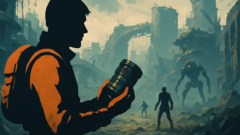 Игрок в Arc Raiders держит объектив камеры, на фоне разрушенный мир и враги. Гайд по поиску.