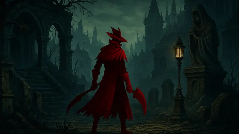 Скриншот из игры Tombwater, демонстрирующий 2D-графику и мрачную эстетику, напоминающую Bloodborne.