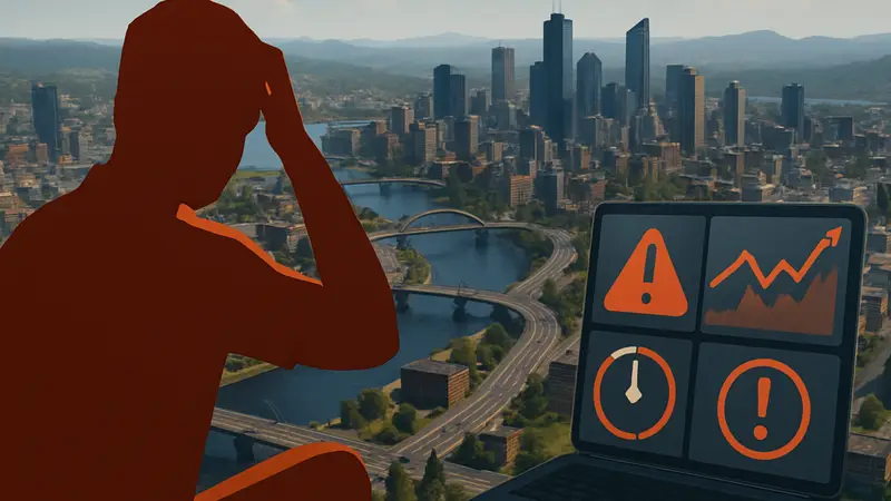 Скриншот Cities Skylines 2, город с элементами интерфейса, показывающими проблемы.