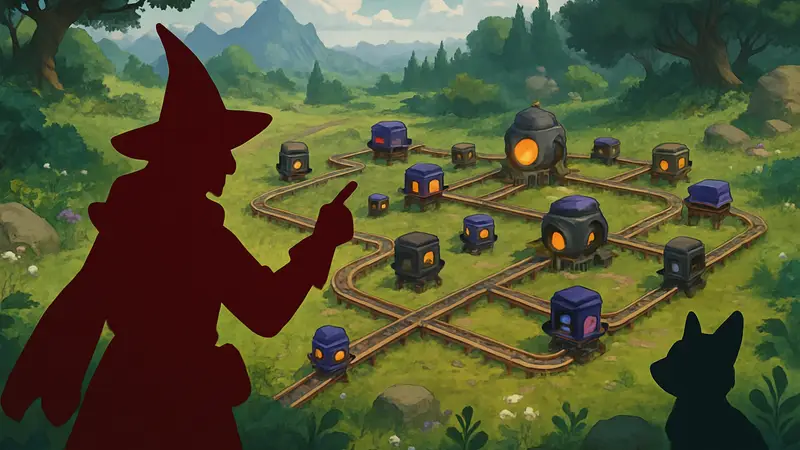 Скриншот из игры Oddsparks: An Automation Adventure с элементами автоматизации и фэнтезийным миром.