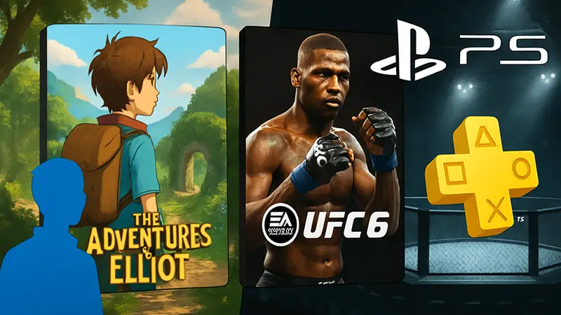 Обложки игр The Adventures of Elliot и EA Sports UFC 6, логотип PS5 и PS Plus.