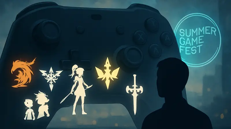 Изображение с логотипами JRPG-игр и Summer Game Fest на фоне игрового контроллера