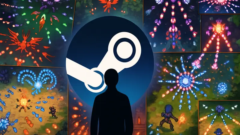 Калейдоскоп из скриншотов разных игр жанра Bullet Hell и Bullet Heaven на фоне логотипа Steam