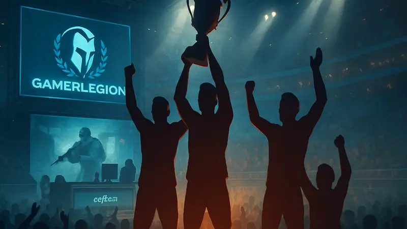 Игроки команды GamerLegion празднуют победу на киберспортивном турнире Parken Challenger Championship.