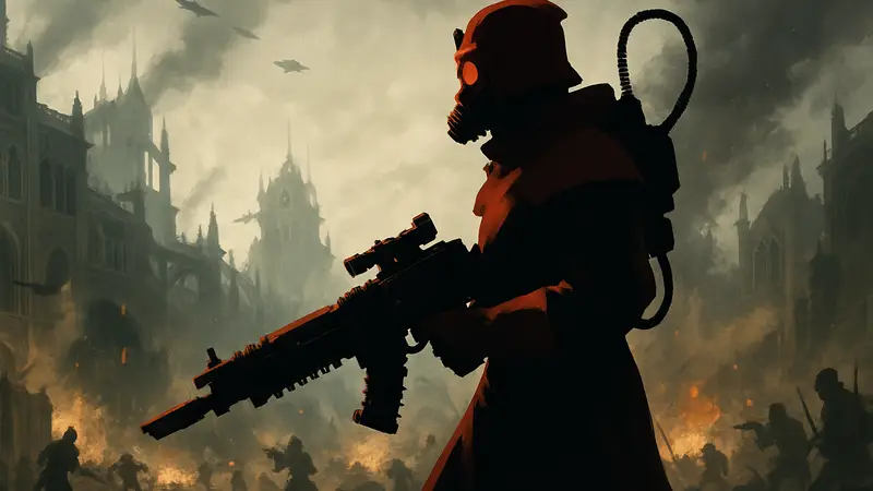 Скитарий из Warhammer 40,000: Darktide с уникальным оружием на фоне боевых действий.