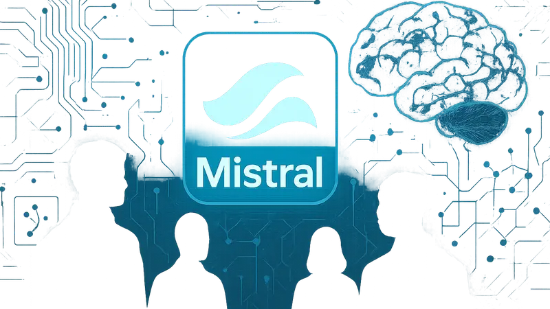 Логотип Mistral AI на фоне элементов искусственного интеллекта и нейронных сетей