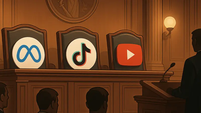 Зал суда с логотипами Meta, TikTok и YouTube, символизирующий юридические проблемы соцсетей.