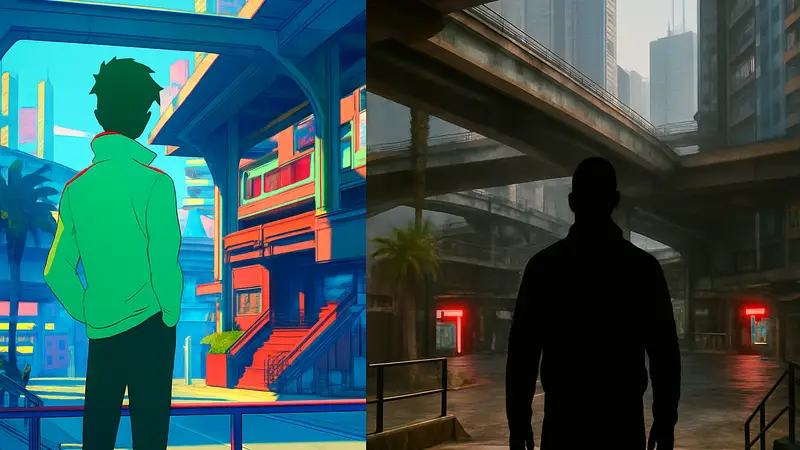 Кадр из Cyberpunk: Edgerunners, сопоставленный с локацией в Cyberpunk 2077
