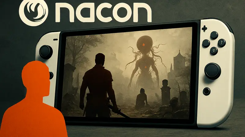 Логотип Nacon и скриншот из игры Hell is Us на фоне Nintendo Switch 2
