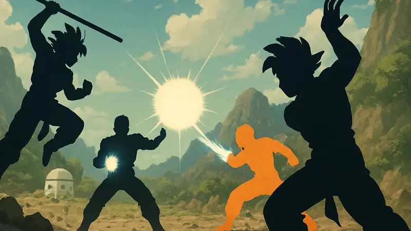 Изображение человеческих персонажей Dragon Ball, использующих мощные техники в бою.