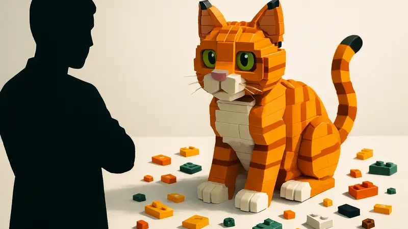 Изображение набора LEGO  «Оранжевый кот» на белом фоне с элементами конструктора