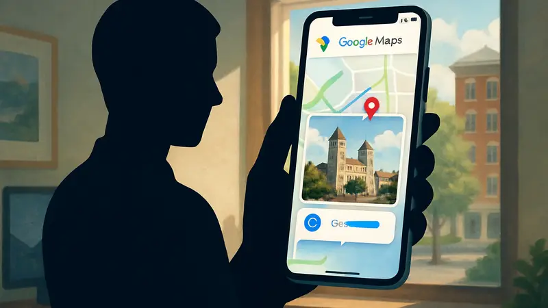 Экран Google Maps с функцией создания подписей к фотографиям с помощью ИИ Gemini.