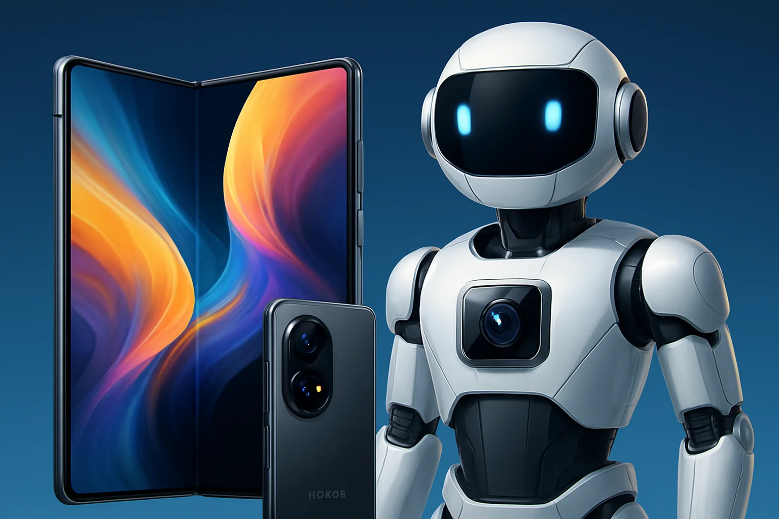 Изображение складного смартфона Honor Magic V6 и футуристического Honor Robot Phone