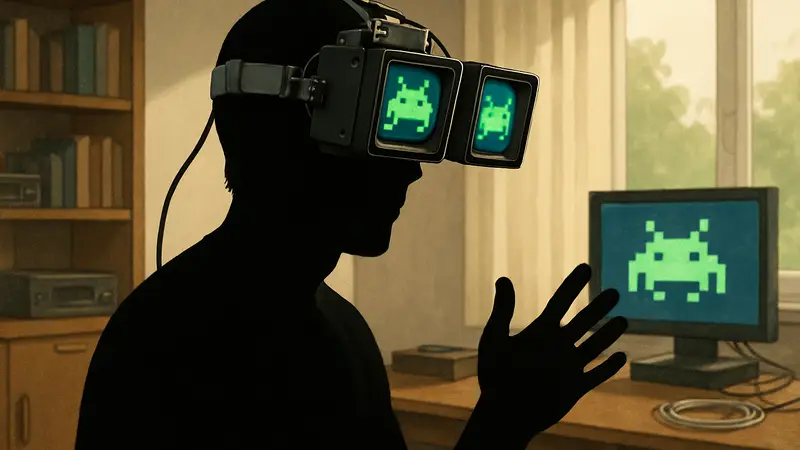 Человек в самодельном VR-шлеме с характерным изображением на мини-ЭЛТ дисплеях, демонстрирующий функциональность.