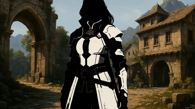 Изображение персонажа Дамиане из Crimson Desert в полном комплекте брони White Bloodwind, демонстрирующее её внешний вид.