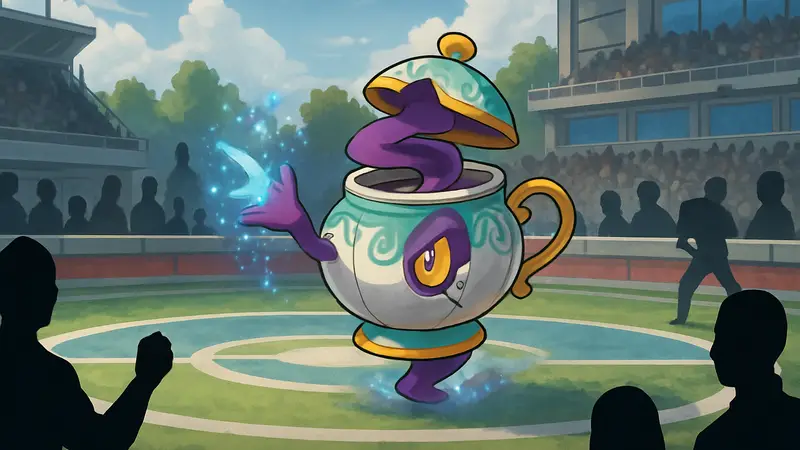 Покемон Синистча в боевой стойке на фоне арены Pokemon Champions, демонстрирующий свои уникальные способности