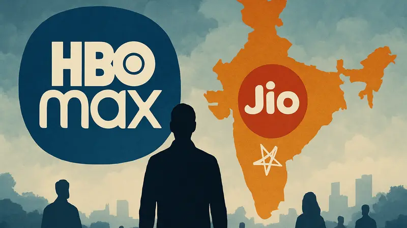 Логотип HBO Max на фоне карты Индии с логотипом JioHotstar, символизирующий запуск сервиса.