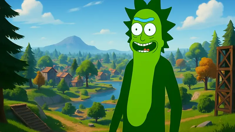 Скин Огурчика Рика в игре Фортнайт на фоне игрового поля, дата выхода