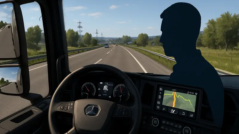 Скриншот из Euro Truck Simulator 2, демонстрирующий новый интерфейс Multi-Function Display (MFD), на фоне кабины грузовика, символизирующий подготовку игры к консольному релизу на PS5 и Xbox Series.