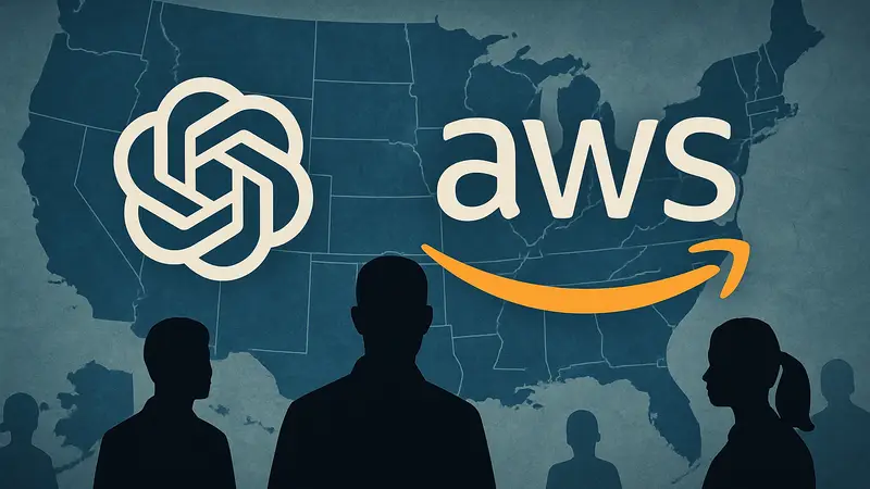 Логотипы OpenAI и AWS рядом, на фоне схематичной карты США, символизирующие сотрудничество в области ИИ для правительства.